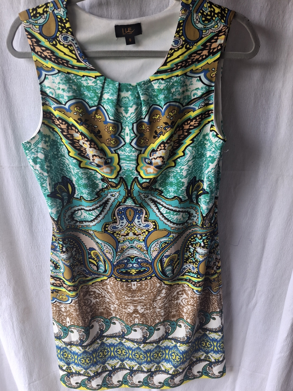 Ile New York Concepts Paisley Sleeveless Printed Sheath Dress in Teal & Brown